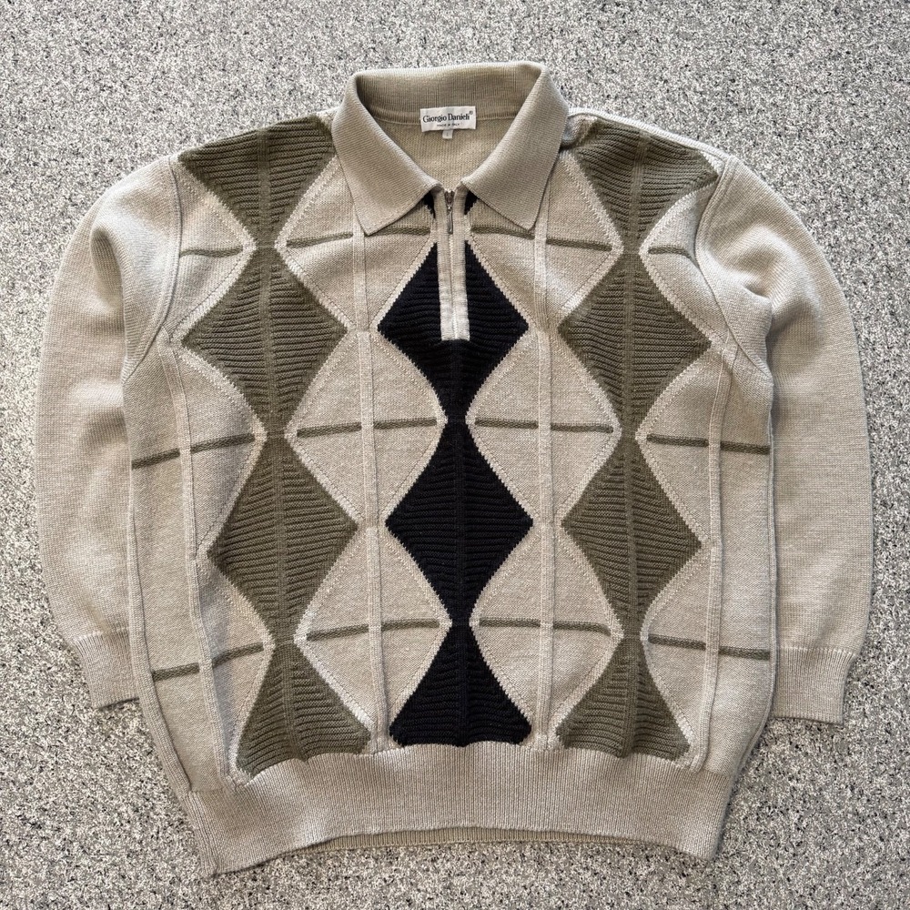 Giorgio Danieli Merino Wool Sweater Mens L Made In Italy Vintage Argyle 1/4 Zip